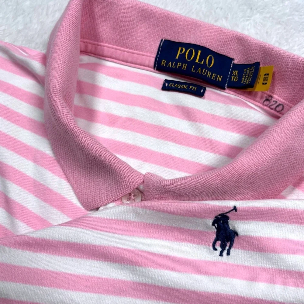 Polo Ralph Lauren Polo Shirt Men XL Pink White Stripe Short Slv Pony Logo Preppy